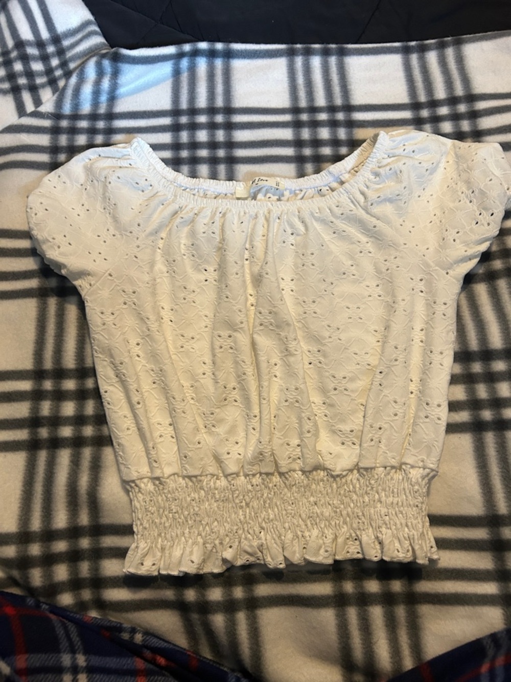 White Eyelet Smocked Hem Women's Top